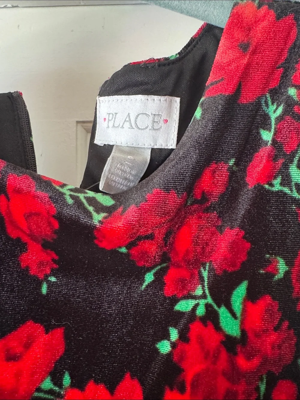 The Children's Place Red and Black Floral Velvet Bodice Dress with Black Bow